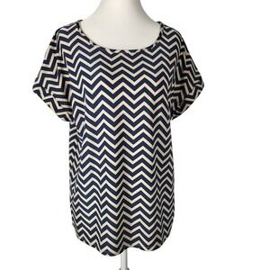 Tacera Blue and Cream Cap Sleeve Boxy Blouse Size M